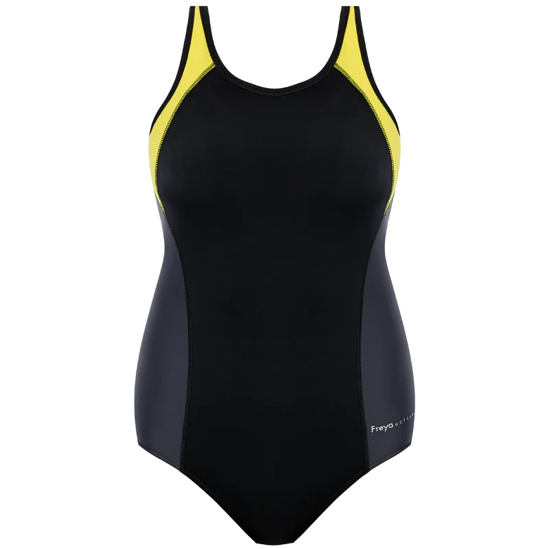 Freestyle One Piece Athletic Sport Swimsuit Yellow Black - Freya Active