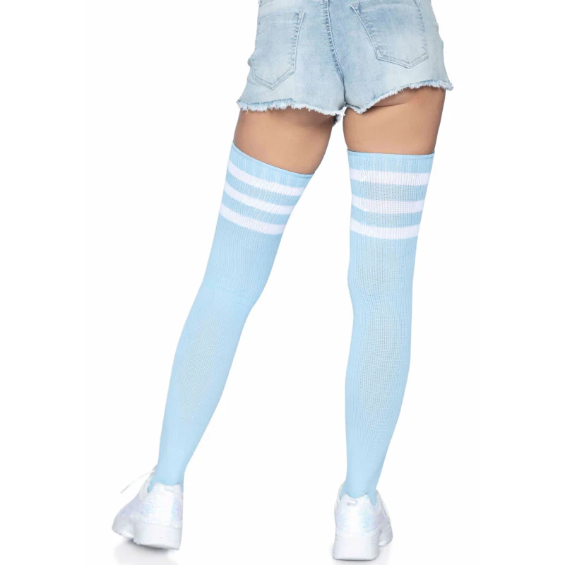 Athletic Style Top Stripe Thigh Highs Light Blue White - Leg Avenue - Image 2
