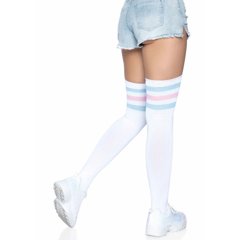 Athletic Style Top Stripe Thigh Highs White Pink Blue - Leg Avenue - Image 2