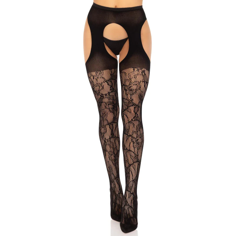 Eyelet Rose Suspender Pantyhose Black - Leg Avenue
