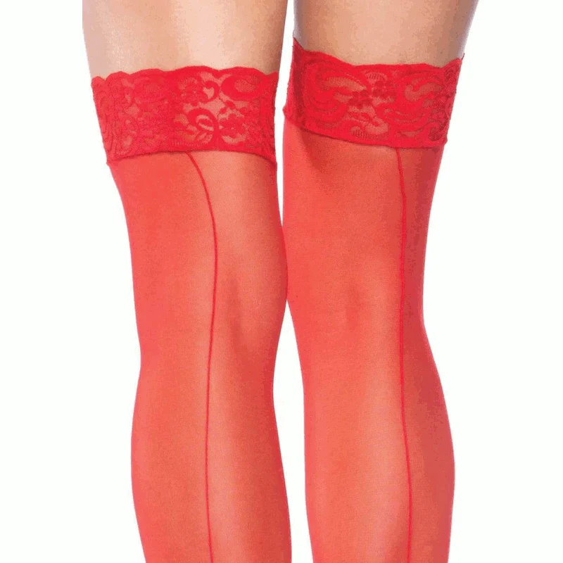 Lace Top Sheer Backseam Stockings Red - Leg Avenue - Image 2