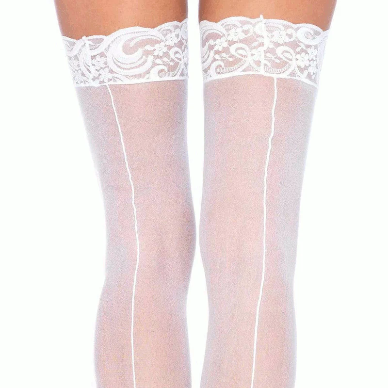 Lace Top Sheer Backseam Stockings White - Leg Avenue - Image 2