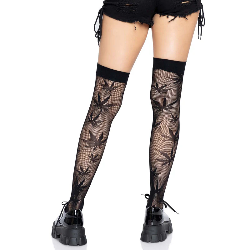 Marijuana Leaf Fishnet Thigh High Stockings - Leg Avenue - Image 5