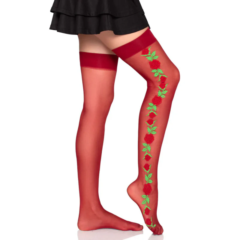 Rose Print Thigh Highs Burgundy - Leg Avenue