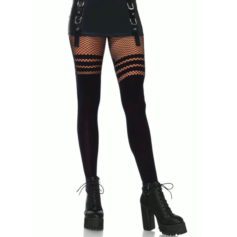 Striped Fishnet Thigh Pantyhose Black - Leg Avenue