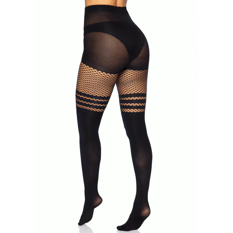 Striped Fishnet Thigh Pantyhose Black - Leg Avenue - Image 3