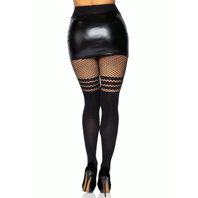Striped Fishnet Thigh Pantyhose Black - Leg Avenue - Image 4