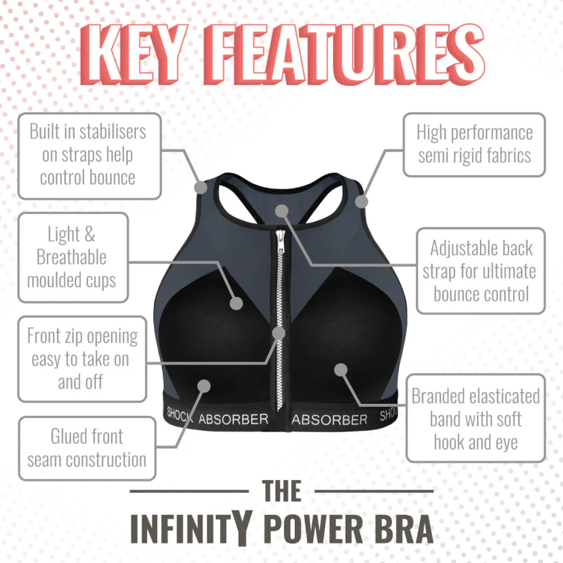 Infinity Power Front Zippered Sports Bra Black Silver - Shock Absorber - Image 3